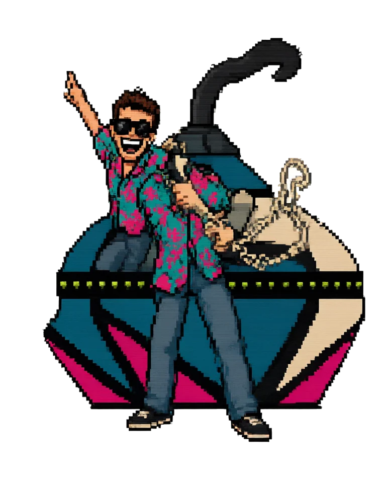 Dial-Up Dan, a pixel webmaster in mirrored shades and a Hawaiian shirt